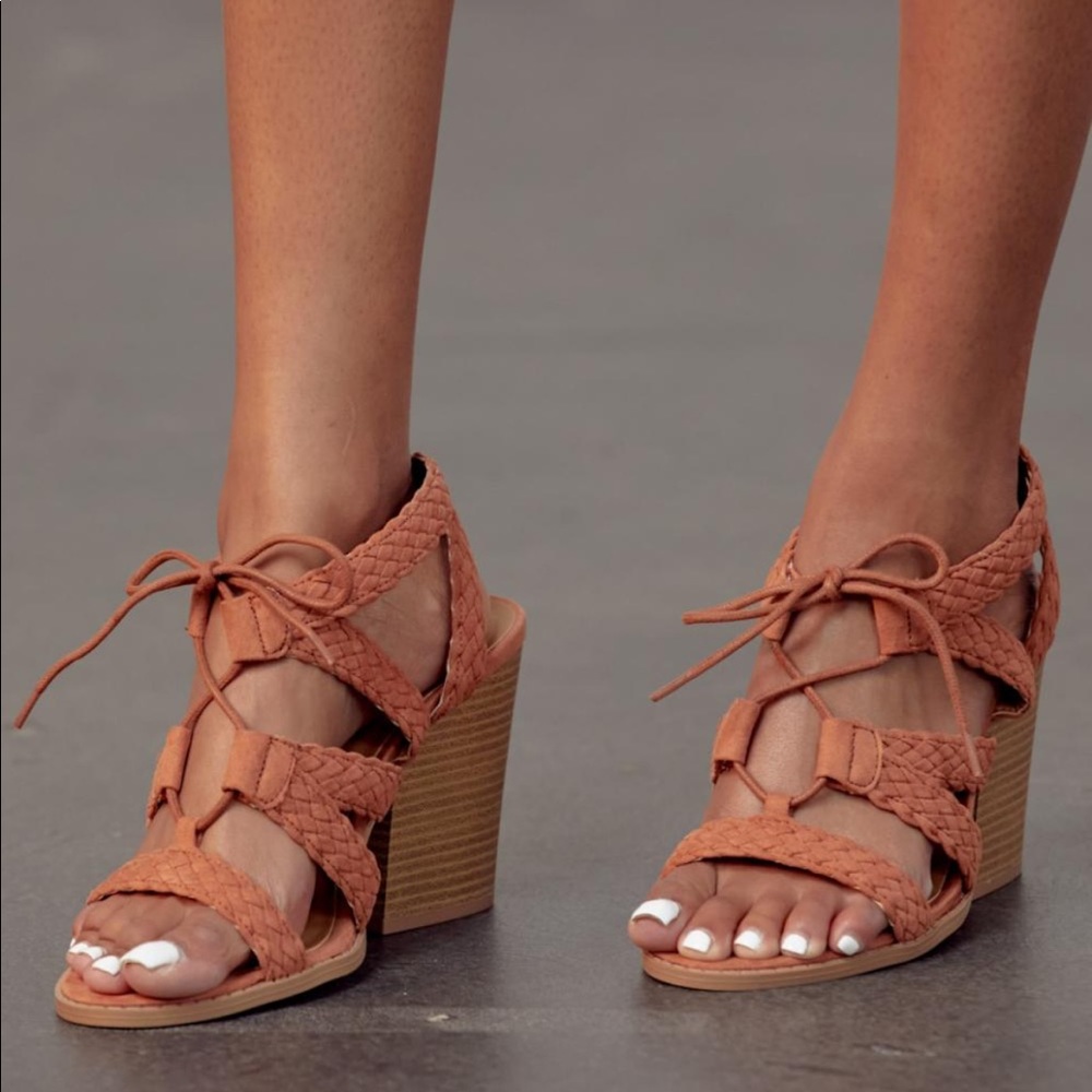 Faux Suede Braided Lace Up Block Heel Sandal